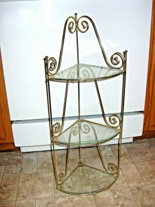 Vintage Mid Century Hollywood Regency Brass Glass Hanging Corner Shelf 3 Tier