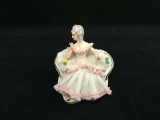 Vintage Dresden Porcelain White & Pink Lace Figurine Of Lady On Her Sofa