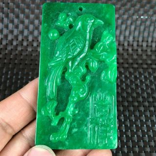 Collectible Green Jadeite Jade Emboss Handwork Chinese Flowers & Bird Pendant