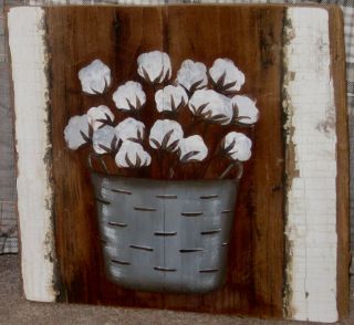 Primitive Hp Folk Art Prim Olive Basket Of Cotton Old Reclaimed Wood