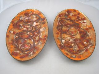 2 Vtg Mid Century Laura Smith Abstract Orange Swirl On Copper Enamel Enamelware