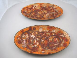 2 Vtg Mid Century Laura Smith Abstract Orange Swirl on Copper Enamel Enamelware 2