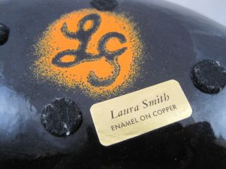 2 Vtg Mid Century Laura Smith Abstract Orange Swirl on Copper Enamel Enamelware 5