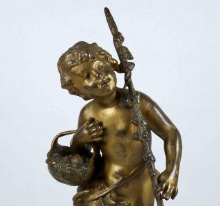 Vintage Metal Art Sculpture Putti w/ Basket Spelter Figure on Alabaster Base 2