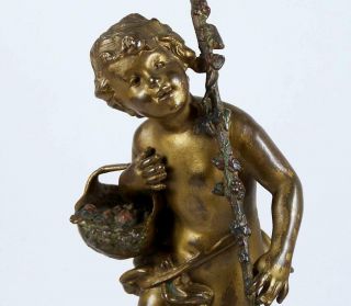 Vintage Metal Art Sculpture Putti w/ Basket Spelter Figure on Alabaster Base 3