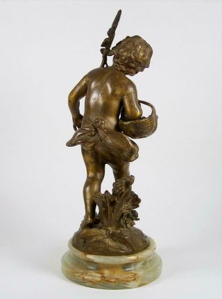 Vintage Metal Art Sculpture Putti w/ Basket Spelter Figure on Alabaster Base 7