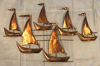 Vintage Nautical Wall Art Mid Century Modern Copper Color Metal Sail Boats