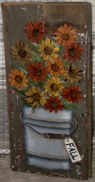 Primitive Hp Folk Art Prim Pail Of Sunflowers Fall Old Reclaimed Wood