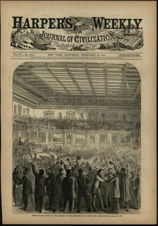 13th Amendment Pass House Slavery Congress Cheer 1865 Antique Civil War Print