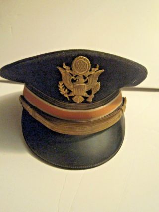 Us.  Army Officer Dress Blue Visor Hat Size 7 Orange And White Piped
