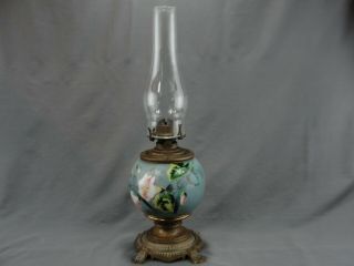 Antique Brass Glass Oil Lamp The Queen Burner Canister Insert Painted Floral