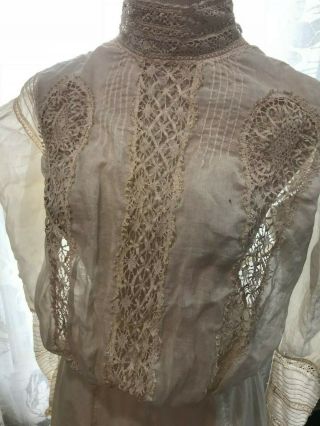Victorian 19th Century High Collar Handmade Lace Blouse - Fine Linen Batiste