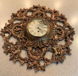 Vintage Syroco Goldtone 8 - Day Wall Clock W/key Mid Century