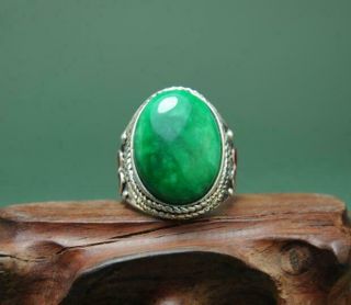 China Old Antique Hand - Made Tibetan Silver Inlay Cloisonn & Green Jade Ring A01