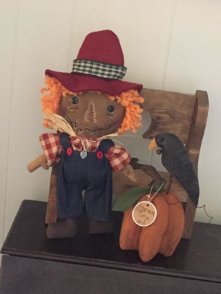 Primitive Folk Art Raggedy Ann Doll Stanley Scarecrow 3d Pumpkin Crow