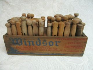 Antique Wooden Clothespins Windsor Cheese Box Country Farmhouse Laundry Decor
