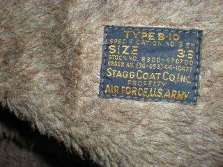 Army Air Forces,  B - 10 Rare Flight Jacket Size 36 STAGG Coat Co CBI/AF 10