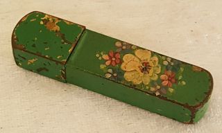 Green Metal Tin Vintage Victorian Antique Hand Painted Pin Needle Case