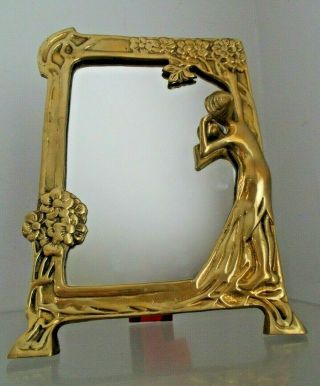 Vintage Art Nouveau Solid Brass Lady Tabletop Vanity Dresser Easel Back Mirror