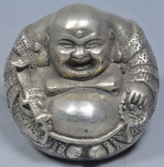 Auspicious Collectable Handwork Old Miao Silver Carve Smile Buddha Temple Statue