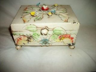 Italian Tole Floral Jewelry Dresser Box Rare Vintage Chippy Paint Lined