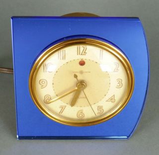 Antique Art Deco Machine Age Electric GE Blue Glass Alarm Clock Deskey Rohde Era 3