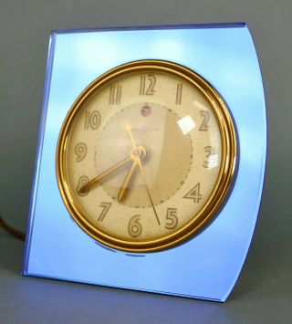 Antique Art Deco Machine Age Electric GE Blue Glass Alarm Clock Deskey Rohde Era 4