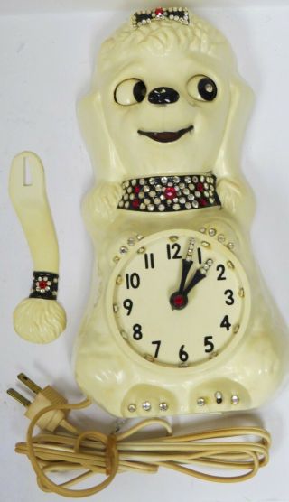 Vintage 1960 ' s French Poodle Animated Wall Clock Jeweled White With Box 7