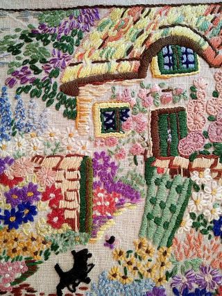 Antique Thatch Cottage,  Scotty Dog & Garden Hand Embroidered Picture Panel