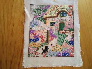 Antique Thatch Cottage,  Scotty Dog & Garden Hand Embroidered Picture Panel 3