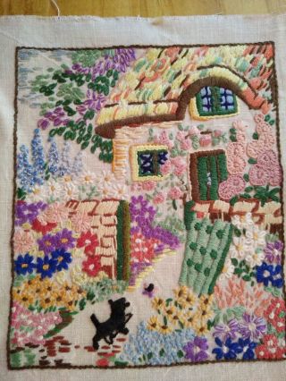 Antique Thatch Cottage,  Scotty Dog & Garden Hand Embroidered Picture Panel 4