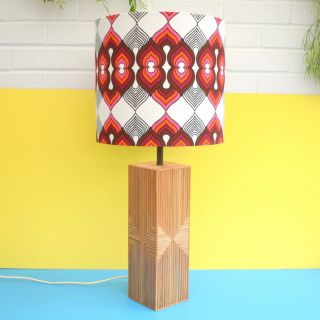 Vintage 1960s Bamboo / Wicker Table Lamp & Geometric Shade Retro