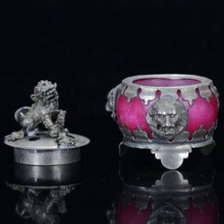 Chinese Silver Inlaid Jade Handwork Lion Incense Burner
