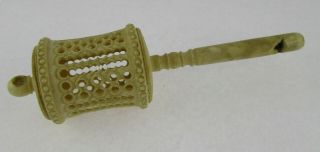 Unusual 19th C Anglo Indian Carved Bovine Bone Pierced Childs Rattle Whistle