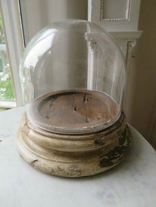 Old Vintage Glass Display Dome Cloche With Chippy Wood Base For Display