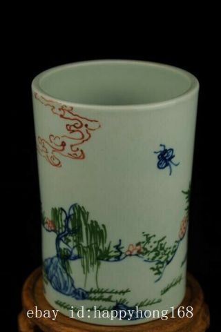 china old blue white porcelain Hand painting horse brush pot /leaf mark Ab02E 3