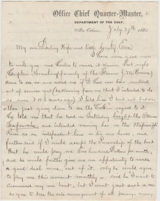 1863 Civil War Soldier Letter Orleans - The Draft - Gen.  Banks - Steamboats