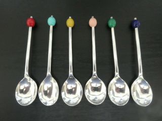 Art Deco Silver Plated Multi Coloured Coffee Bean Spoons.  Set Of Six