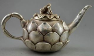 Chinese Old Copper Plating Silver Handwork Carved Lotus Frog Tea Pot D02