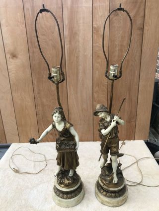 Pair Signed L & F Moreau Art Nouveau Lamps French Antique Tall Figurines