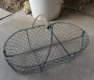 Vintage Large French Metal Wire & Zinc Garden Gathering Basket W/ Wood Handle