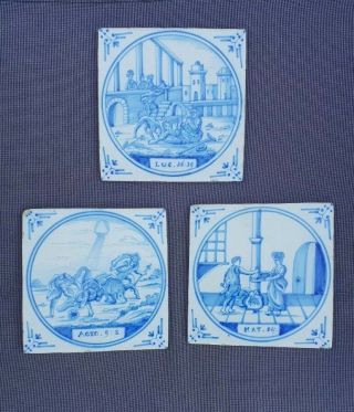 Set Of 3 Antique Dutch Delft Blue Biblical Tiles.  Ca.  1850 - 1900