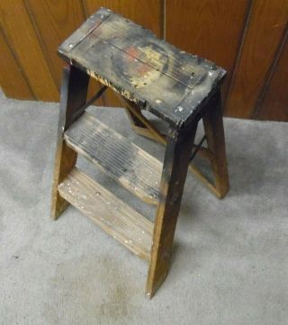 Vintage 2 Step Folding Wooden Ladder A Paint Spattered Beauty Very Sturdy