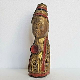 Antique Burmese Gilt & Lacquered Wood Statue Akha Woman With Pipe.