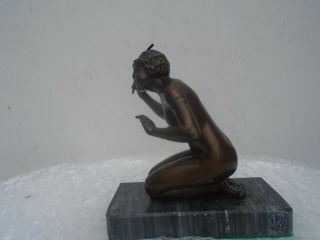 Unusual Antique Bronzed Nude Figure On Marble Base Curious Subject Unknown Lady