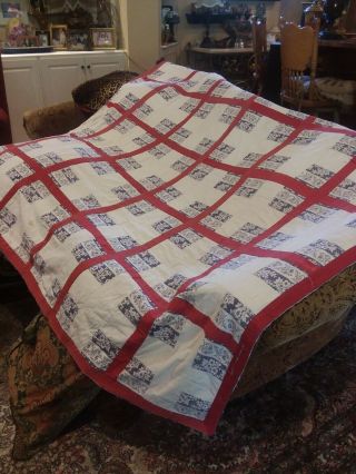 Antique Quilt 68 X 73 Hand - Made American Red White Blue