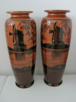 Stunning Pair Ault Pottery C.  1890 Arts And Crafts Vases Windmill Design Dresser