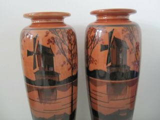STUNNING PAIR AULT POTTERY C.  1890 ARTS AND CRAFTS VASES WINDMILL DESIGN DRESSER 2
