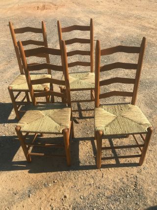 Antique Vintage French Country Pair Ladder Back Rush Seat Chairs