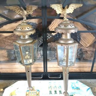 Pair (2) Vintage19 " Antique Style Brass Coach Carriage Lanterns Eagle Lamp Mount